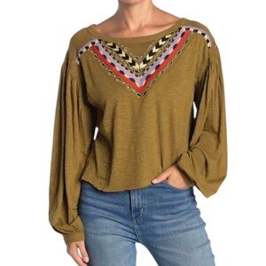 Free People Hand Me Down Boho Moss Green Embroidered Balloon Sleeve Crop Top L/S